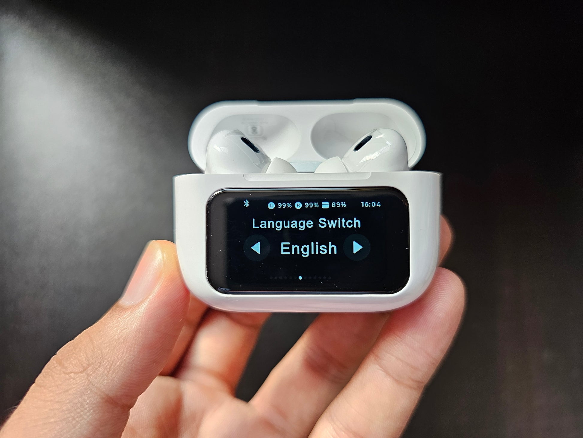 A9 Pro wireless earbuds with a smart touch screen display