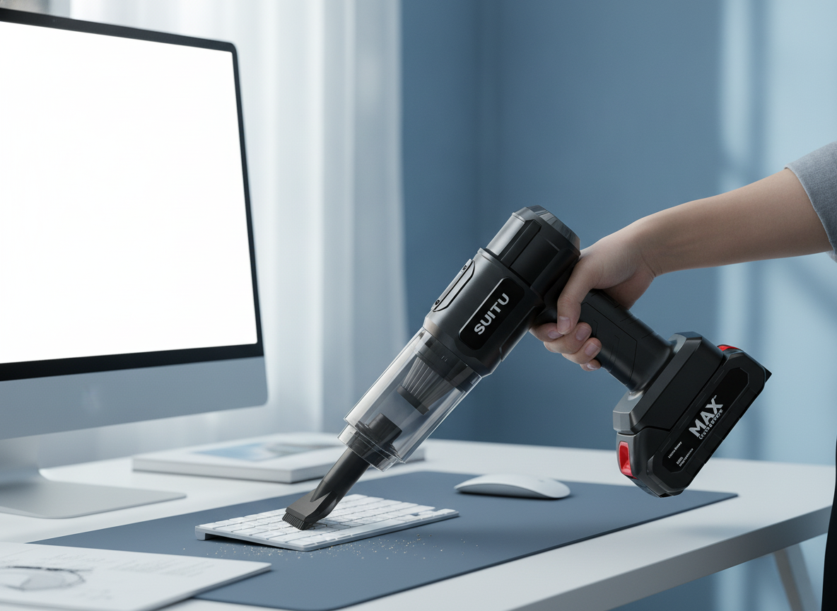 Person with diverse representation uses a 3-in-1 high-power portable wireless vacuum cleaner to clean a modern desk, with a s