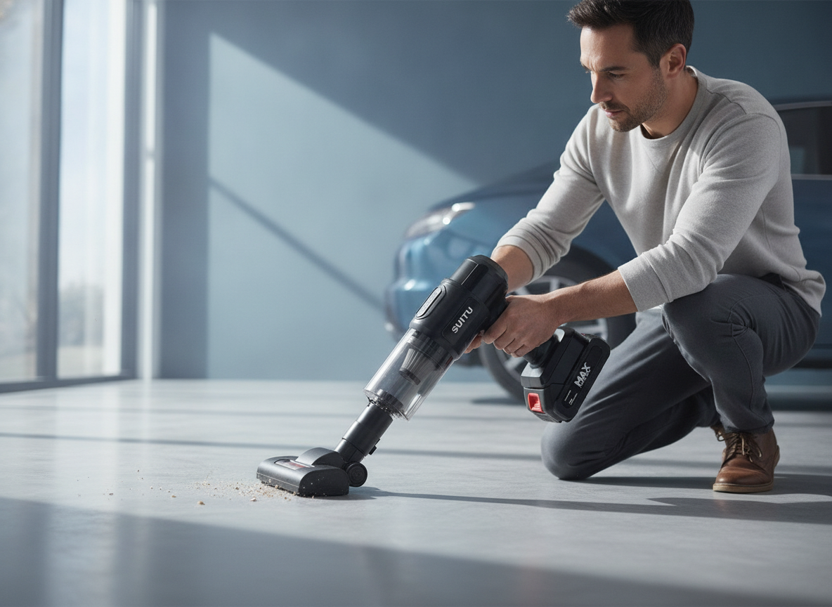 A person uses a compact, wireless 18000PA vacuum cleaner to clean the interior of a car in a modern garage.