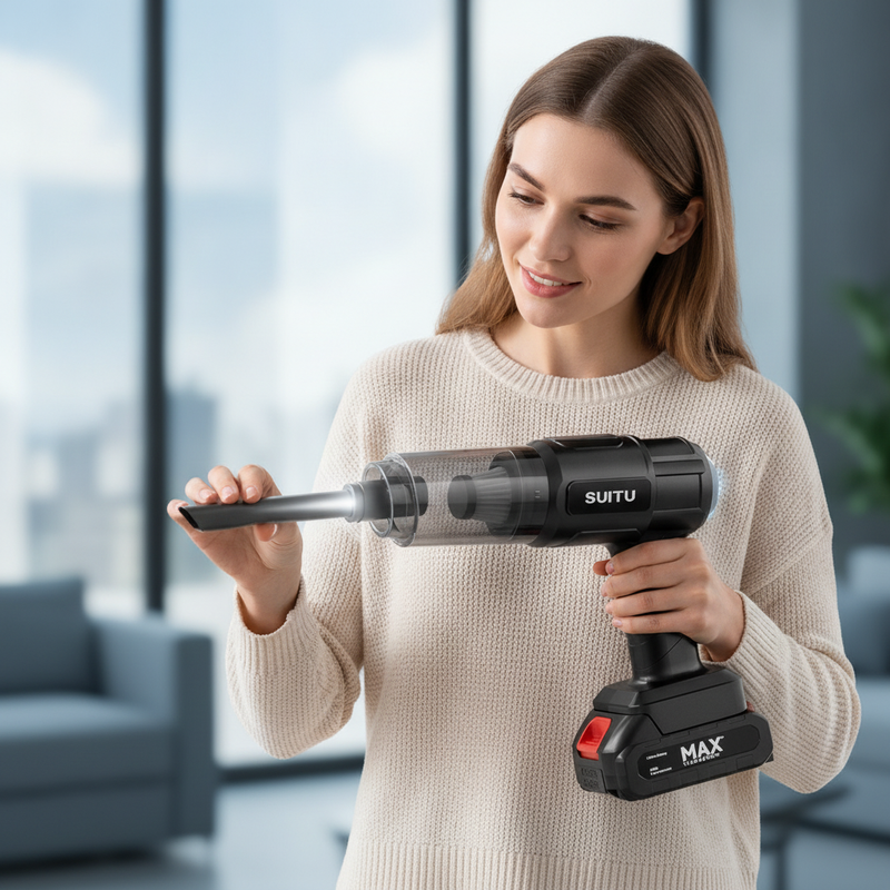 A person holds a 3-in-1 high-power portable vacuum cleaner in a modern home, demonstrating its magnetic precision.