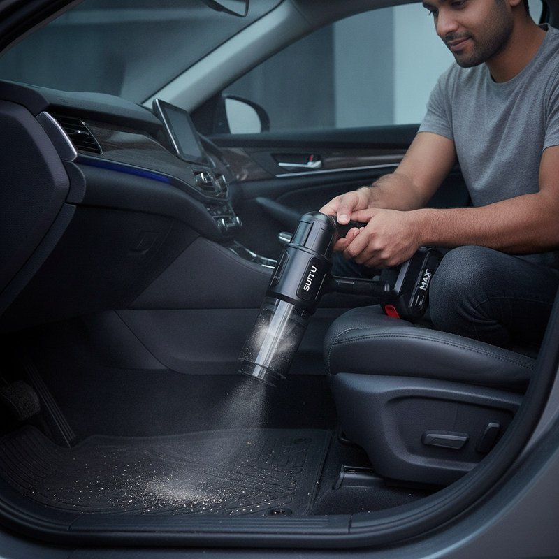 A person uses a portable 18000PA wireless 3-in-1 vacuum cleaner to clean the interior of a car. The vacuum is black and silve