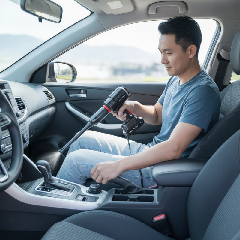 Person with diverse representation using a compact, silver and black wireless vacuum cleaner inside a car, demonstrating its 