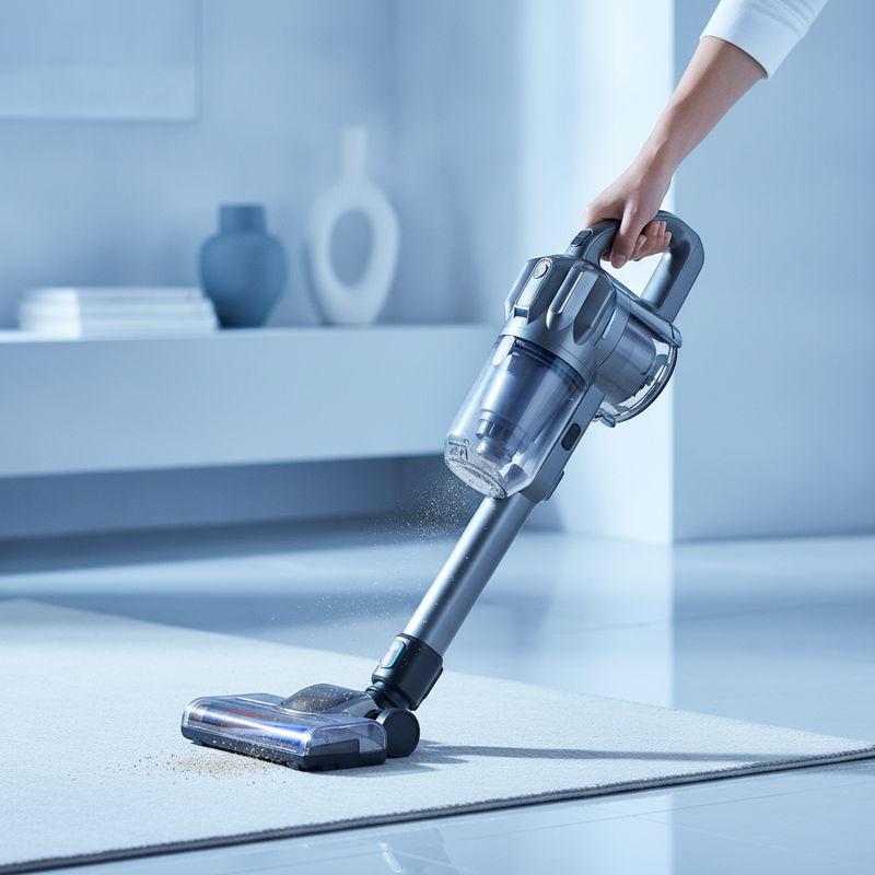 A 3-in-1 high-power portable wireless vacuum cleaner in a modern home, glowing with blue light, emphasizing its sleek design 